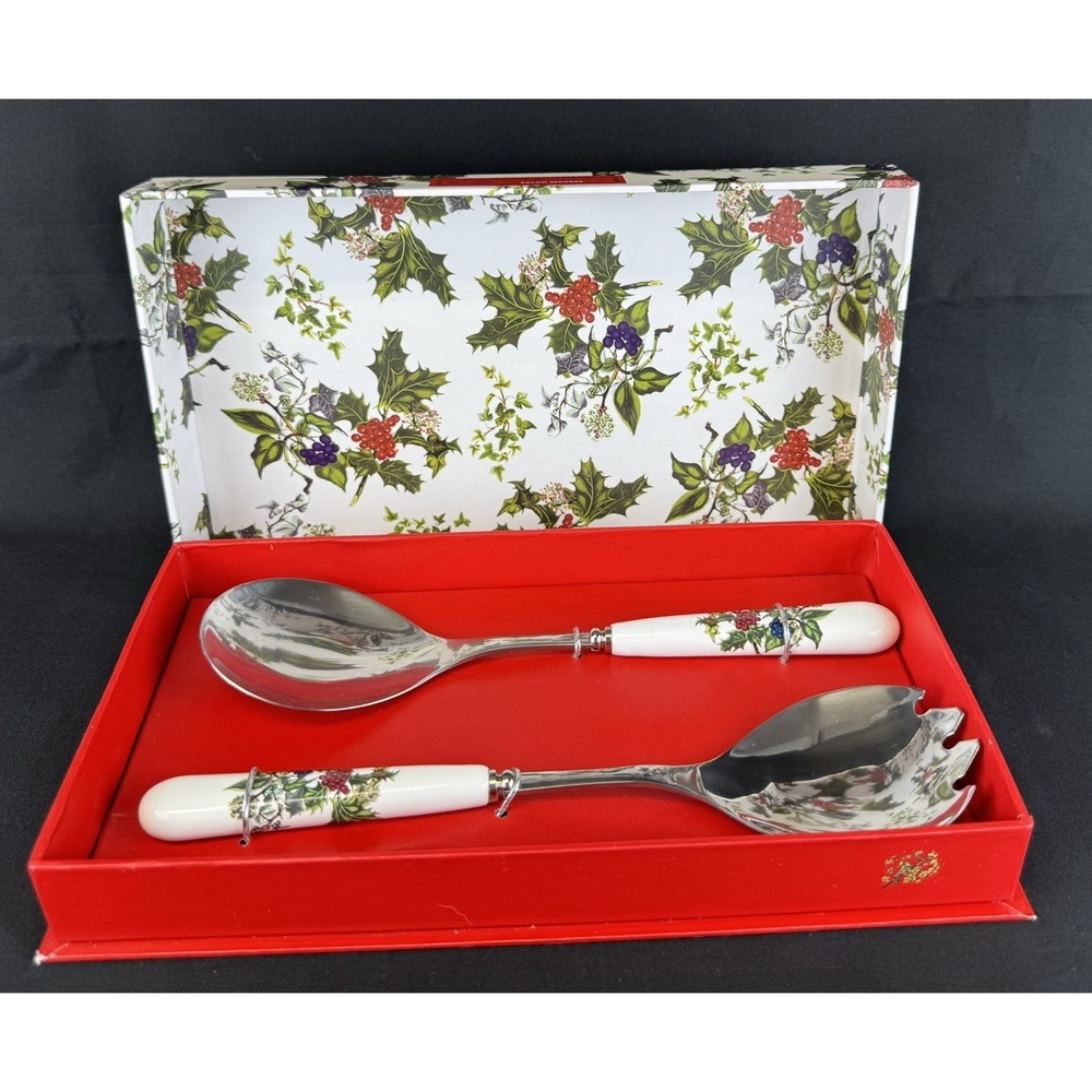 Portmeirion Holly and the Ivy Salad Server Set-Fork and Spoon Christmas Open Box